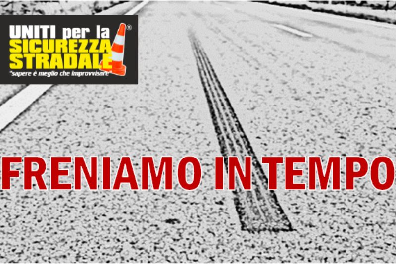 Locandina dell'iniziativa con foto di una traccia di frenata sull'asfalto